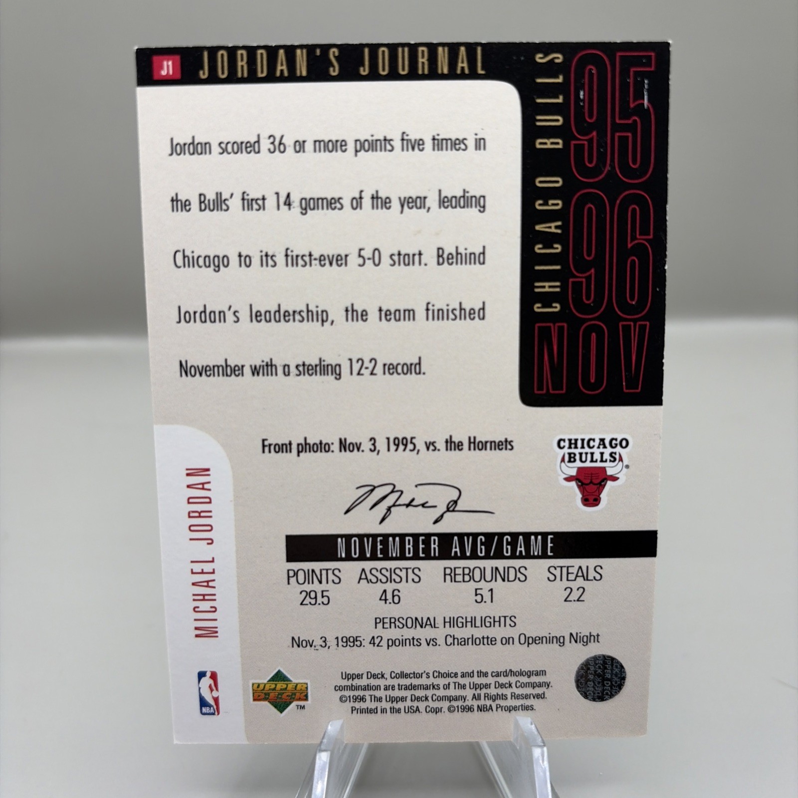 1996-97 Upper Deck Collector’s Choice Jordan’s Journal Michael Jordan #J1 Bulls