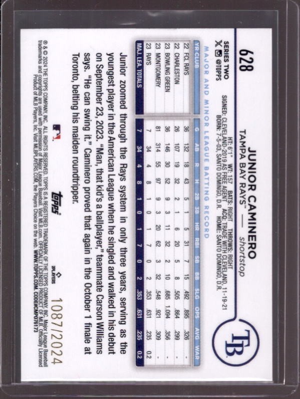 JUNIOR CAMINERO 2024 Topps Series 2 #628 Gold Rookie RC #1087/2024