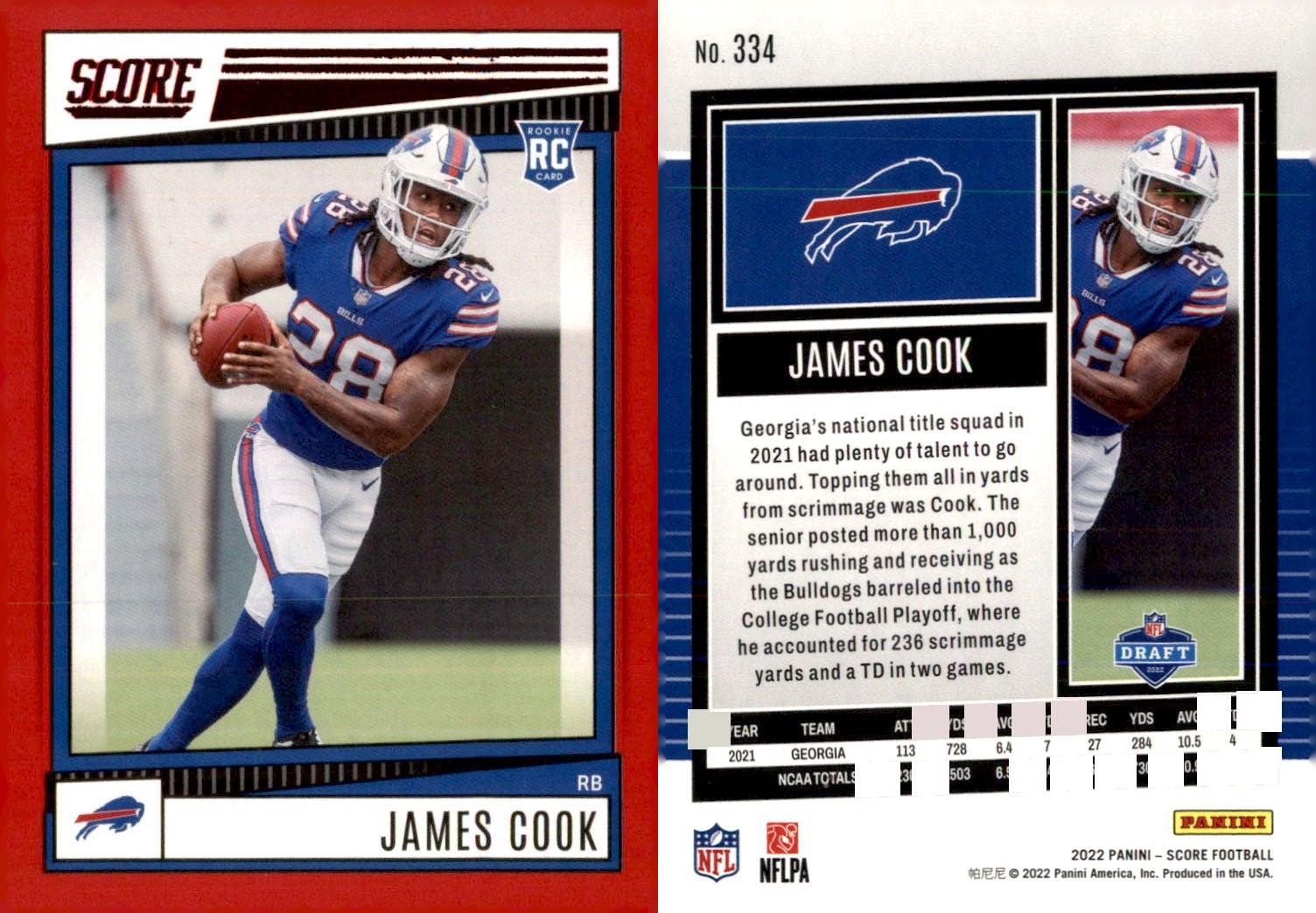 James Cook 2022 Panini Score Red #334 RC Buffalo Bills