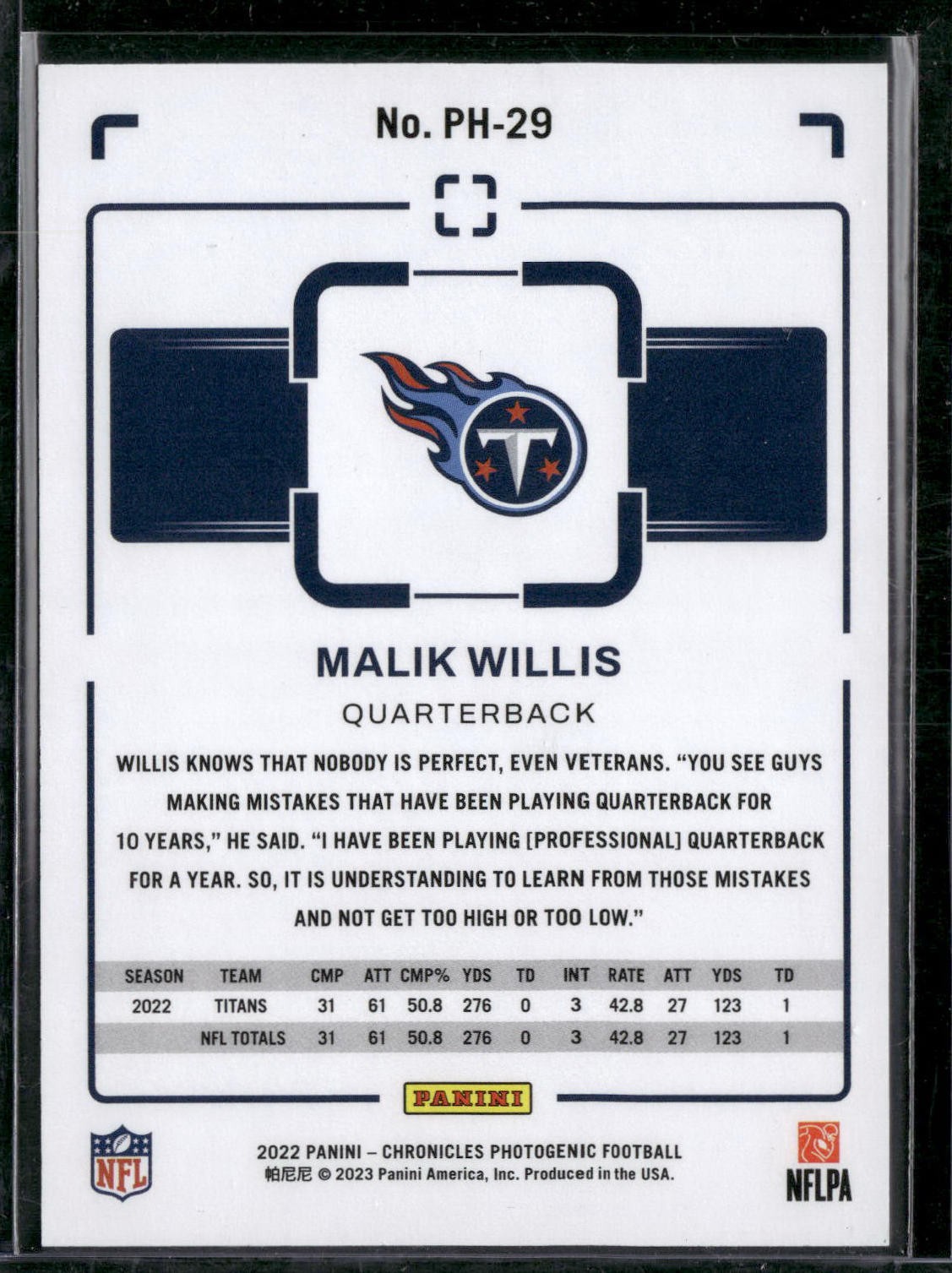 2022 Panini Chronicles Malik Willis Photogenic Black Rookie /25 #PH29 Titans