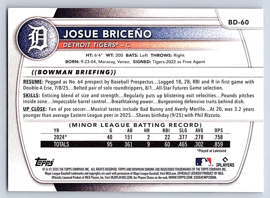 JOSUE BRICENO TIGERS 2025 BOWMAN DRAFT #BD-60