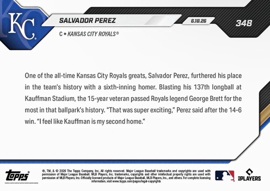 💥2026 Topps Now #348💥SALVADOR PEREZ Most HR’s Kauffman Stadium – Presale