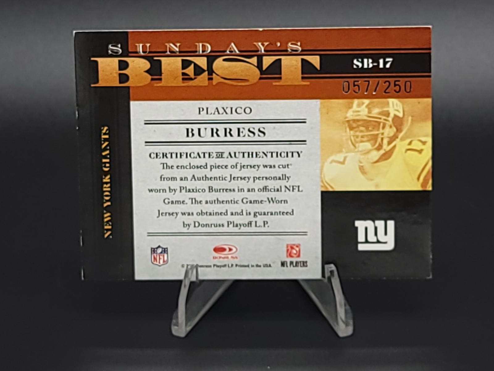 2008 DONRUSS CLASSICS SUNDAY’S BEST JERSEYS #17 PLAXICO BURRESS #d 057 /250