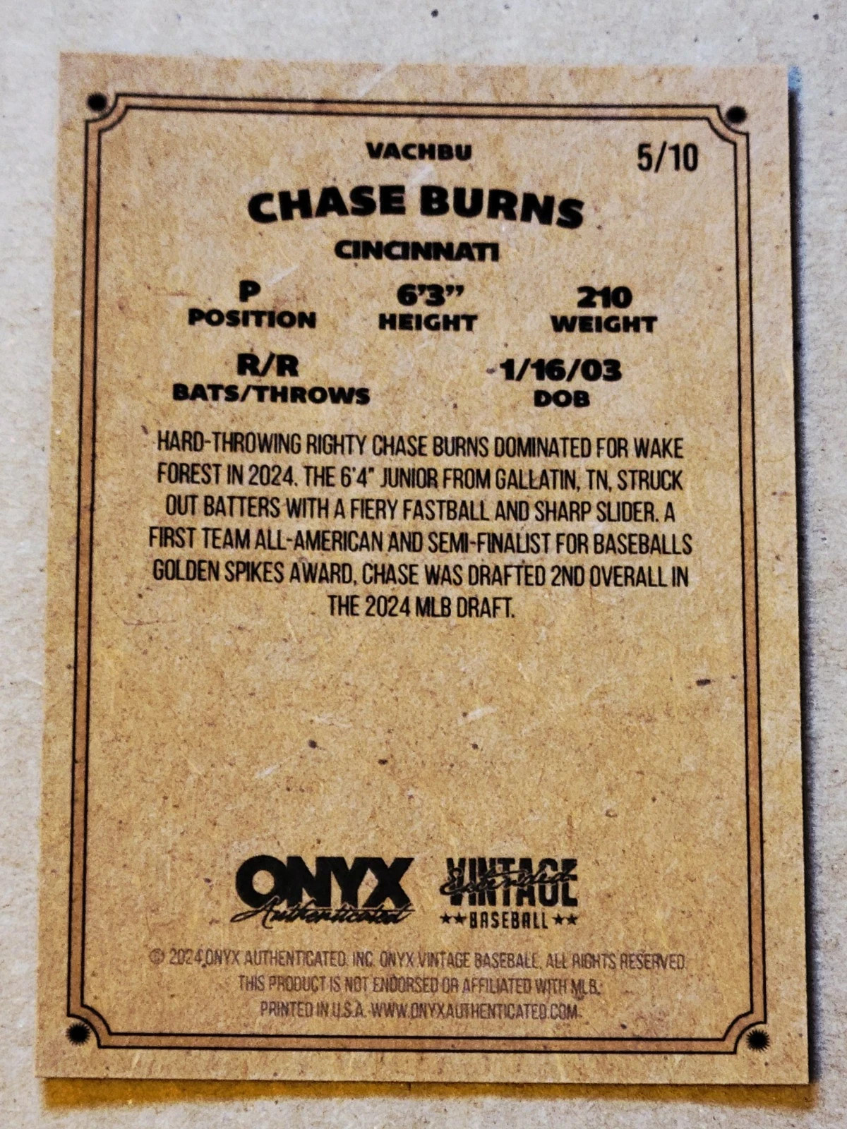 2024 Onyx Vintage Chase Burns On-Card Auto Inscribed “Go Reds!” 5/10 SSP RC Reds