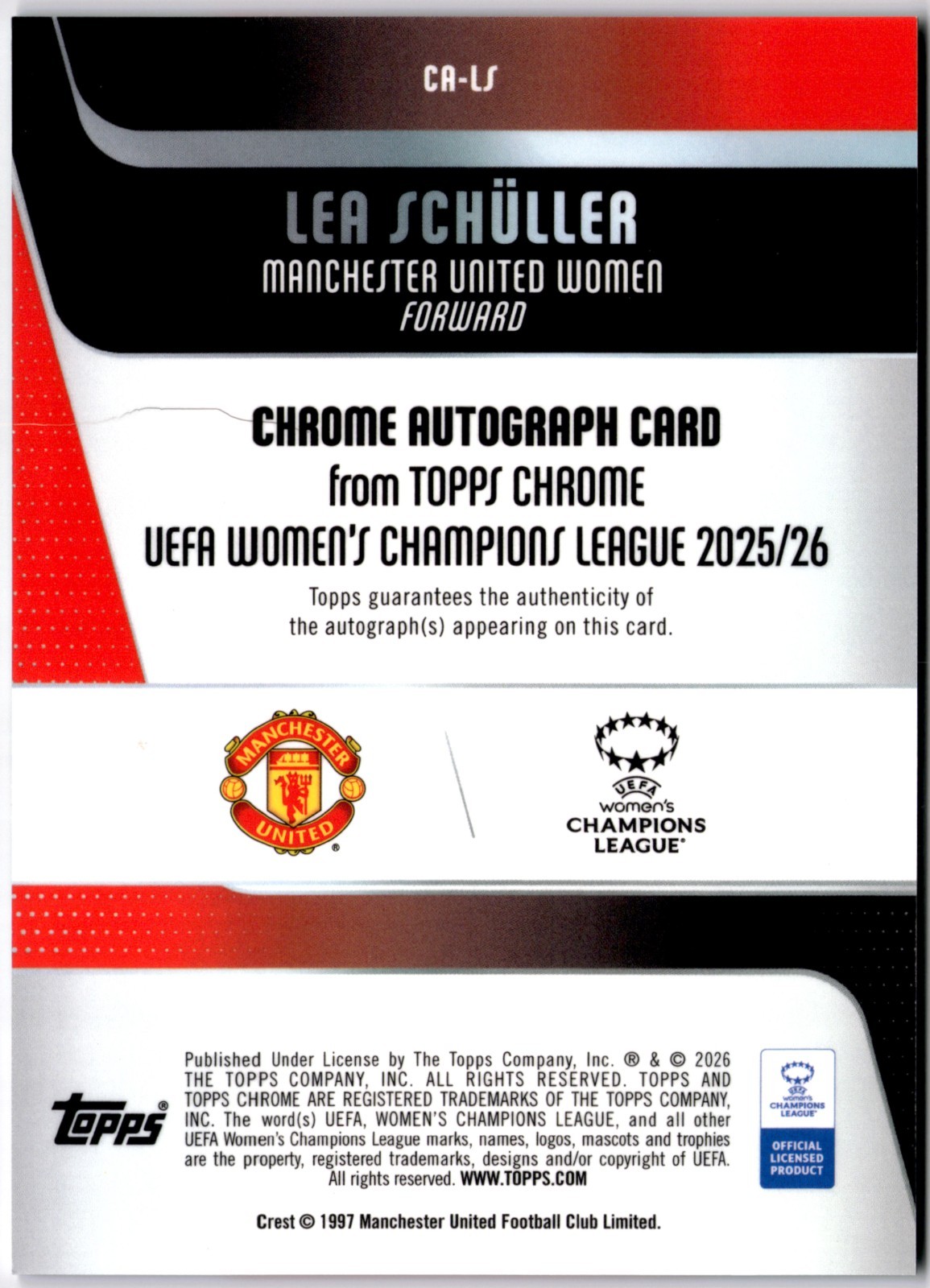 Lea Schuller 2025-26 Topps Chrome Women’s Aqua Refractor Auto #140/199 Man U