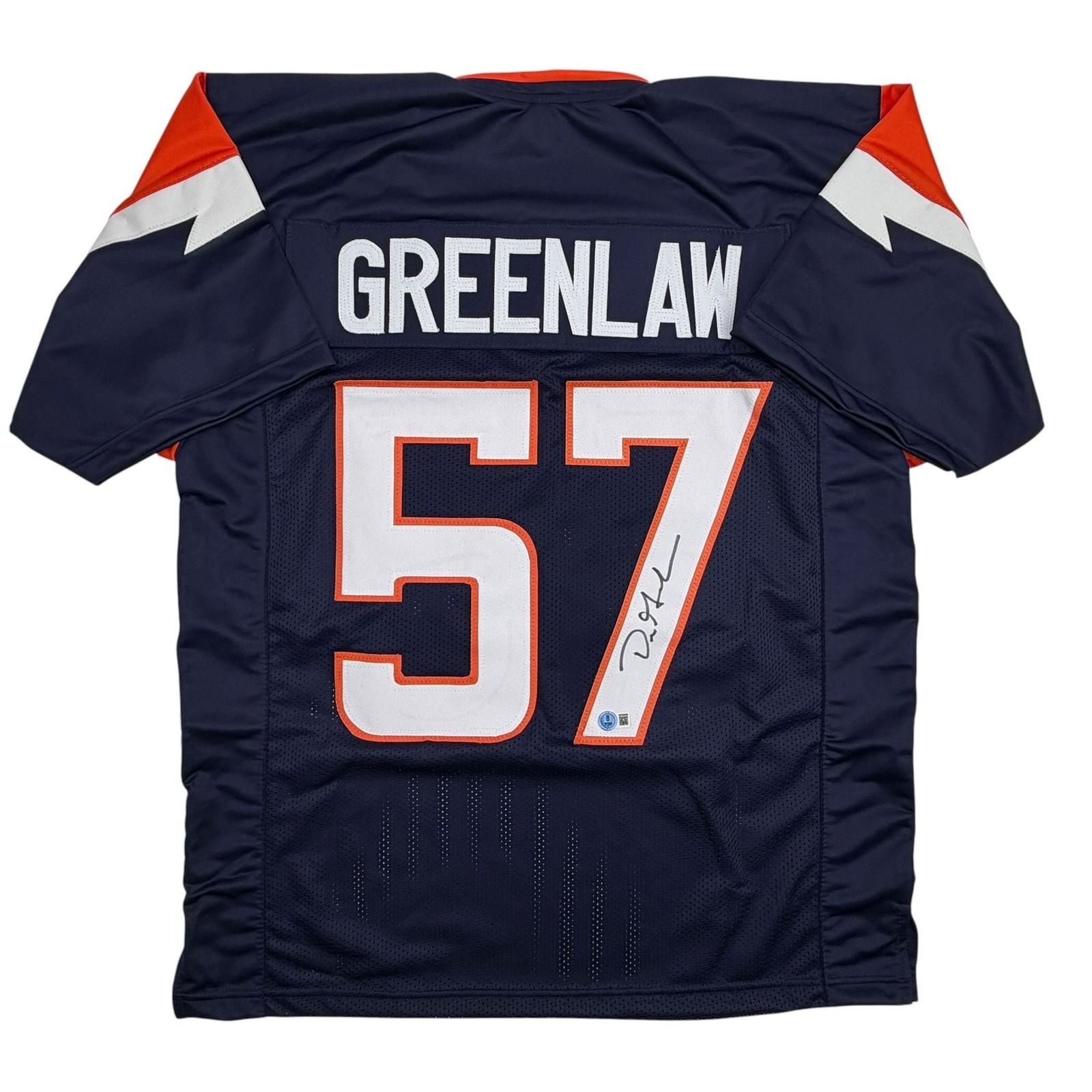 Autographed/Signed Dre Greenlaw Denver Blue Football Jersey Beckett BAS COA
