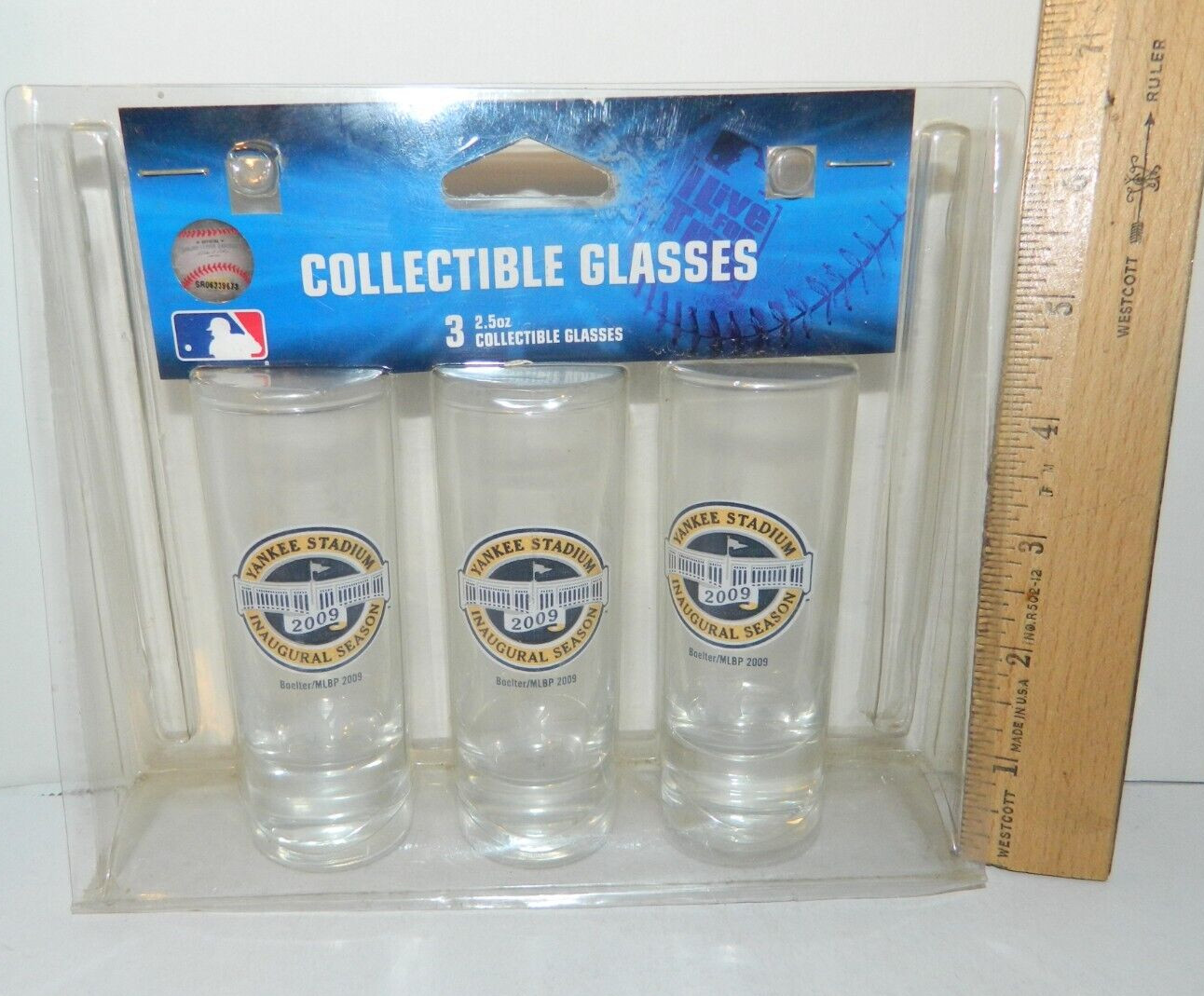 AS IS NEW YORK YANKEES stadium TALL SHOT GLASS SET of 3 Inaugural season 2.5 OZ