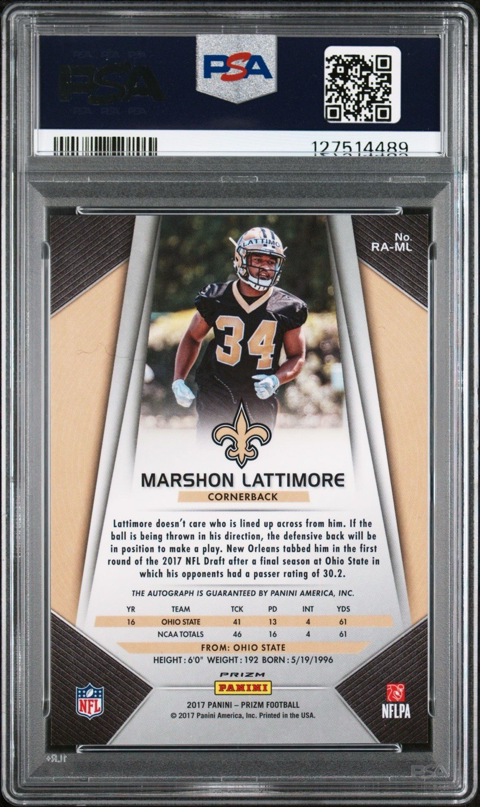 2017 Prizm Marshon Lattimore Rookie Auto Pink Prizm PSA 10