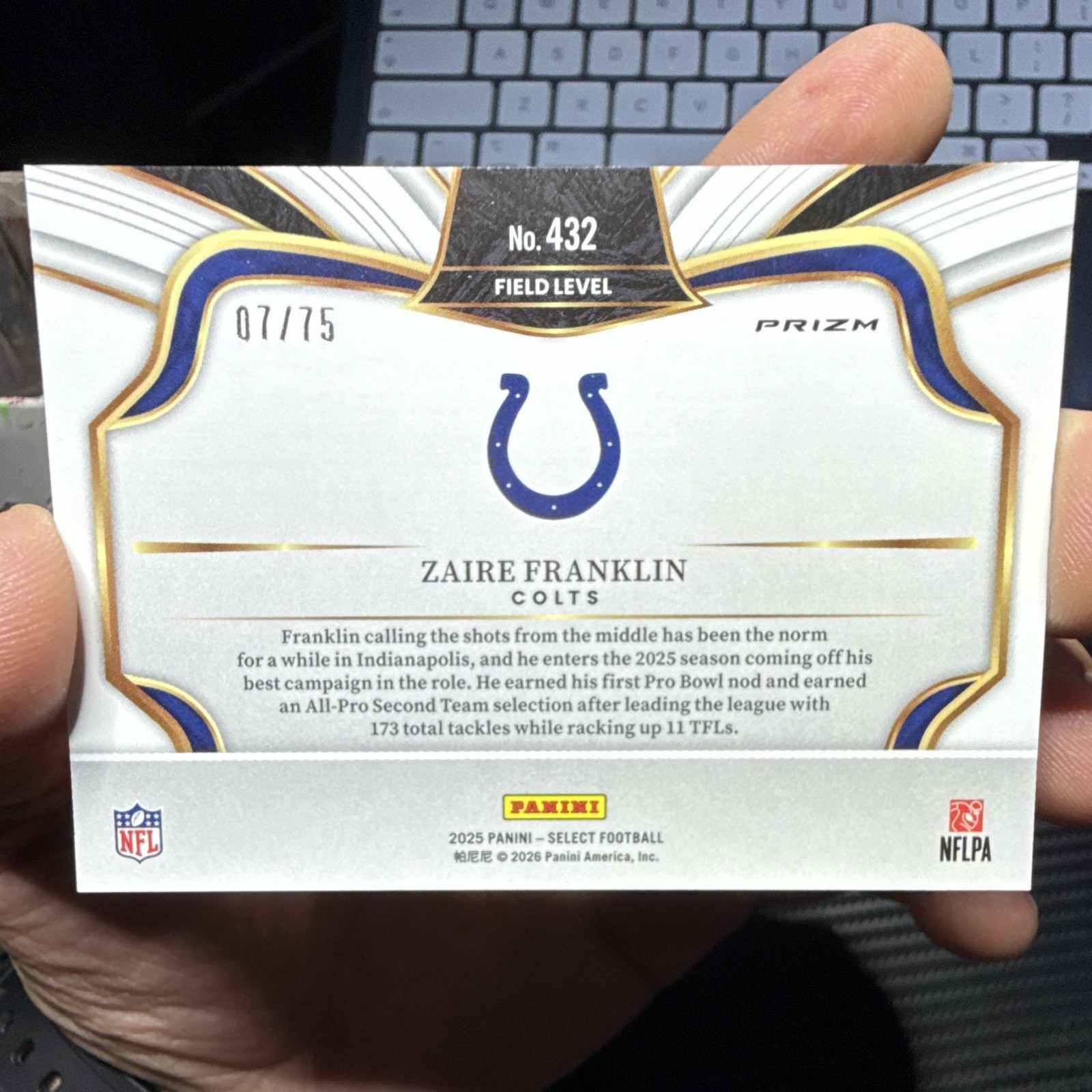 2025 Panini Select Zaire Franklin Field Level #432 Colts Blue Prizm /75