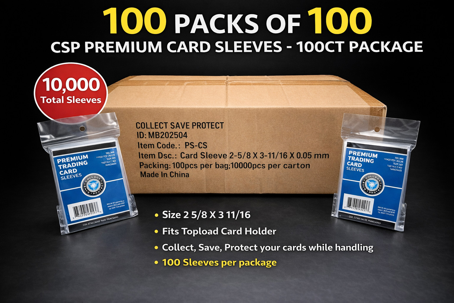 10000 CSP Premium Trading Card Penny Sleeves Full Case (100 Packs of 100)