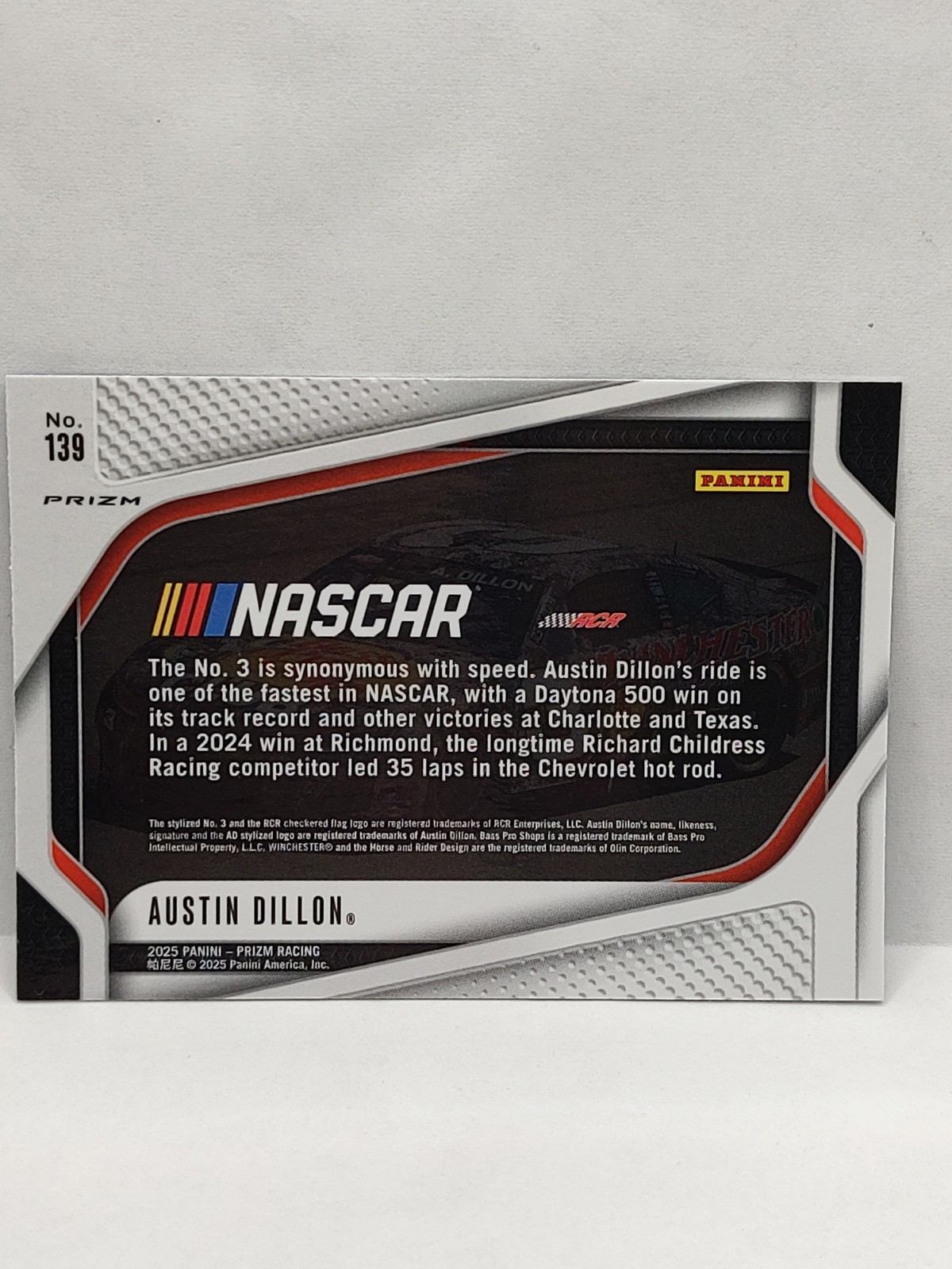 2025 Panini Prizm NASCAR Blue Ice Prizms #139 AUSTIN DILLON Racing Card Rides