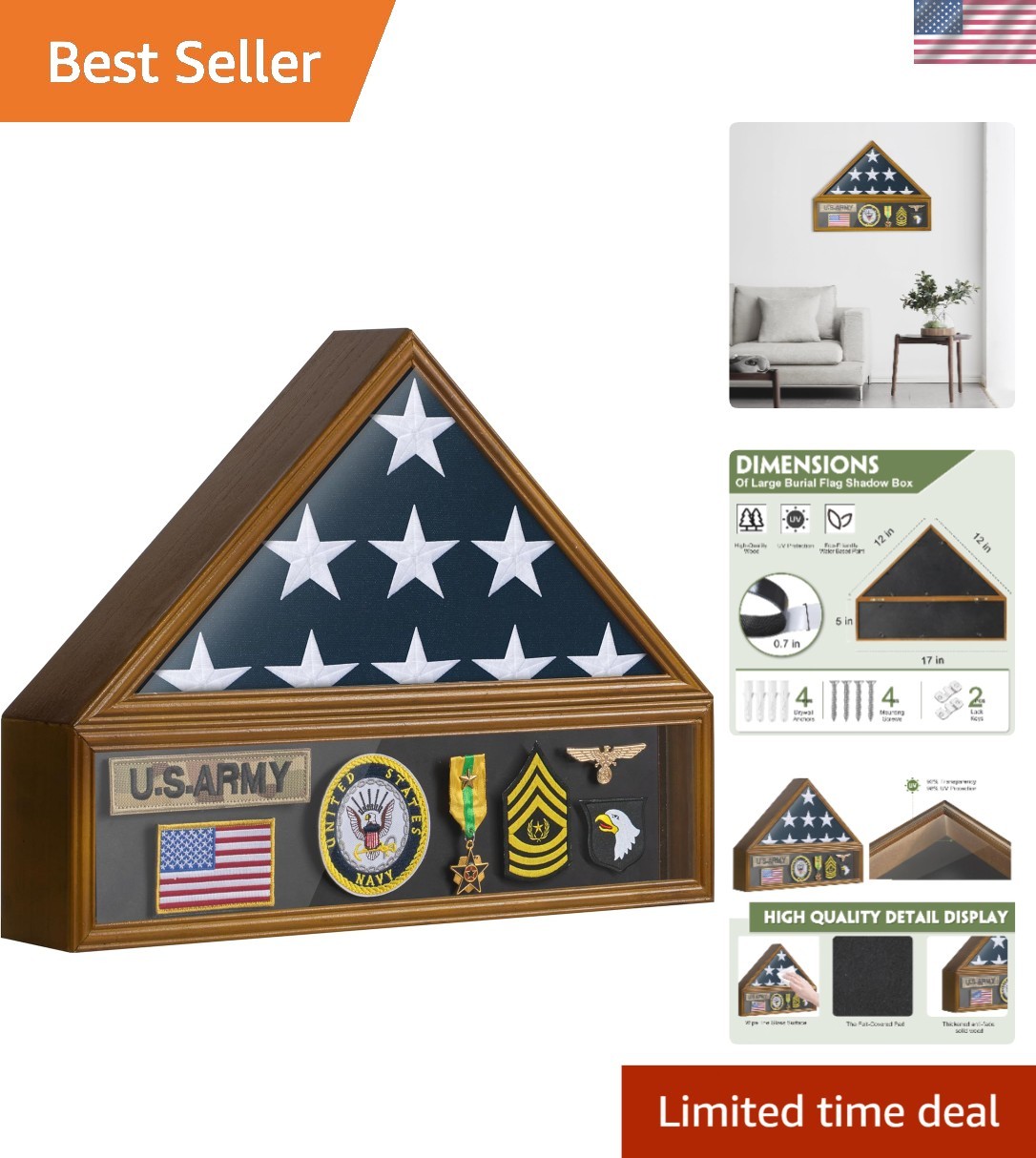 Flag Display Case for 3×5 US Flag Wall Mount Memorial Memorial Veterans