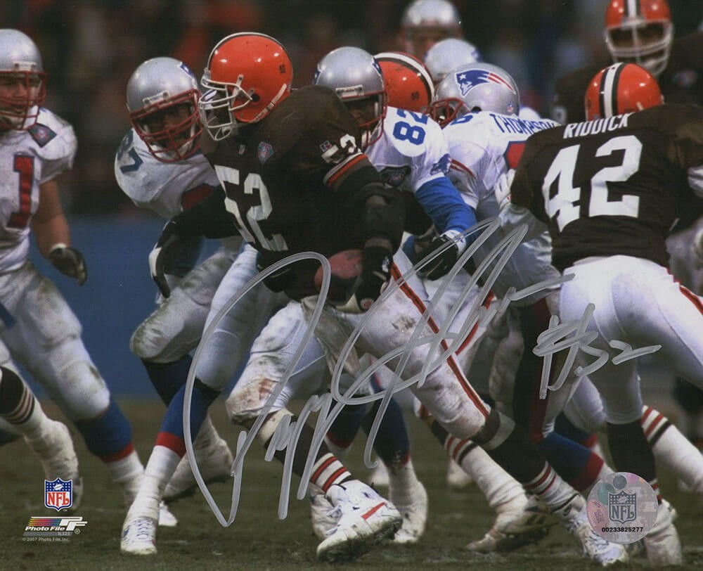 Pepper Johnson Signed Browns Action vs Patriots 8×10 Photo – (SCHWARTZ COA)
