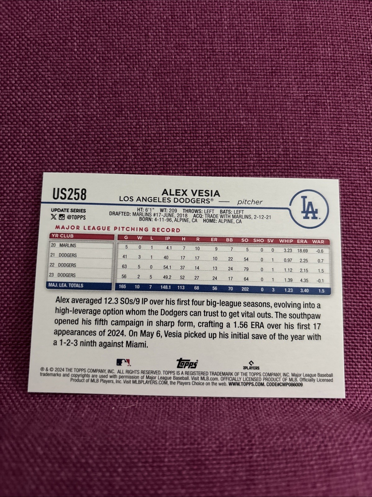 2024 Topps Update #US258 Alex Vesia Los Angeles Dodgers