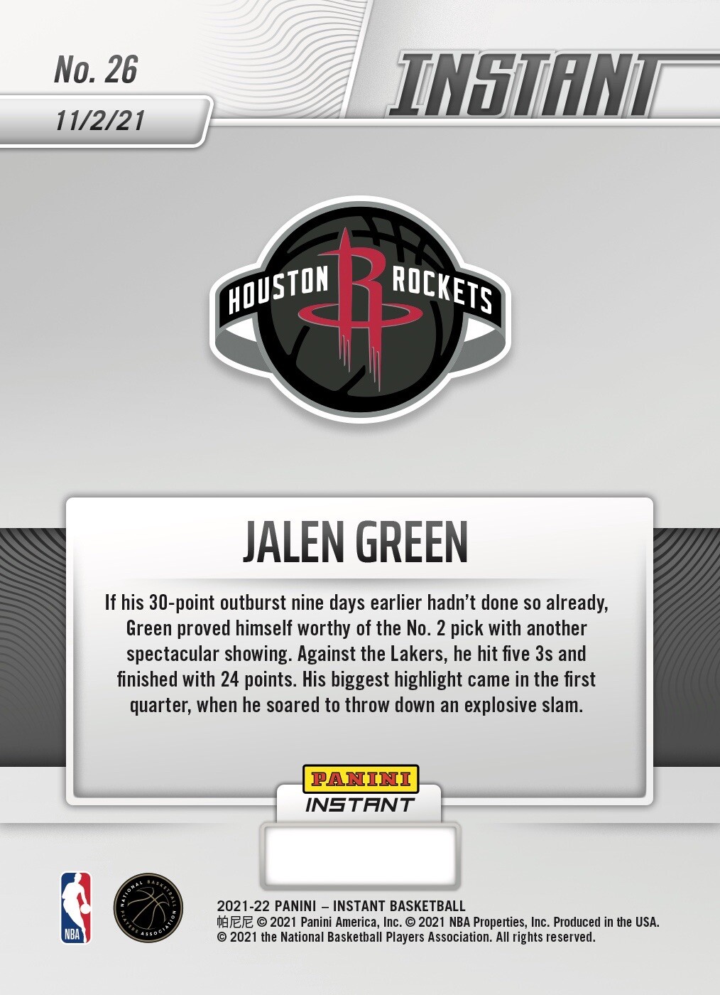 Jalen Green 2021 NBA Panini Instant Rookie Card 26 RC 24-Pt Game 508 Print Run