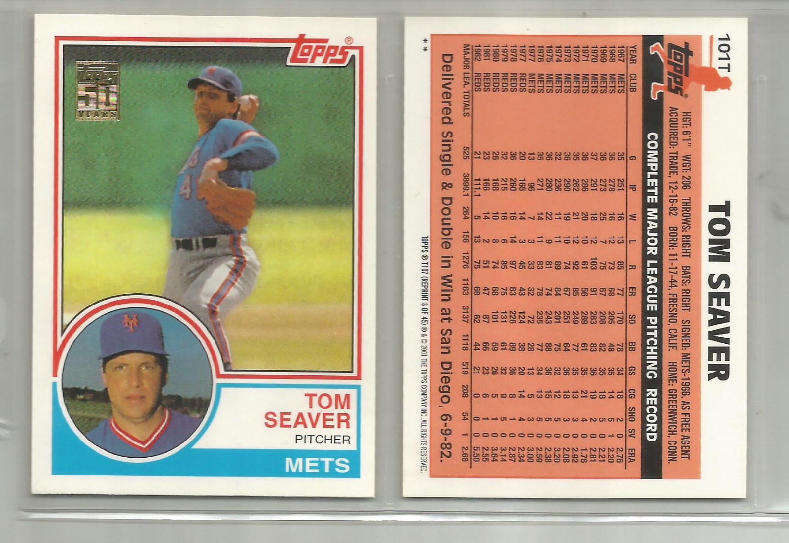 Tom Seaver Mets 2001 Topps 50 years Commemorative 1983 Baseball card
