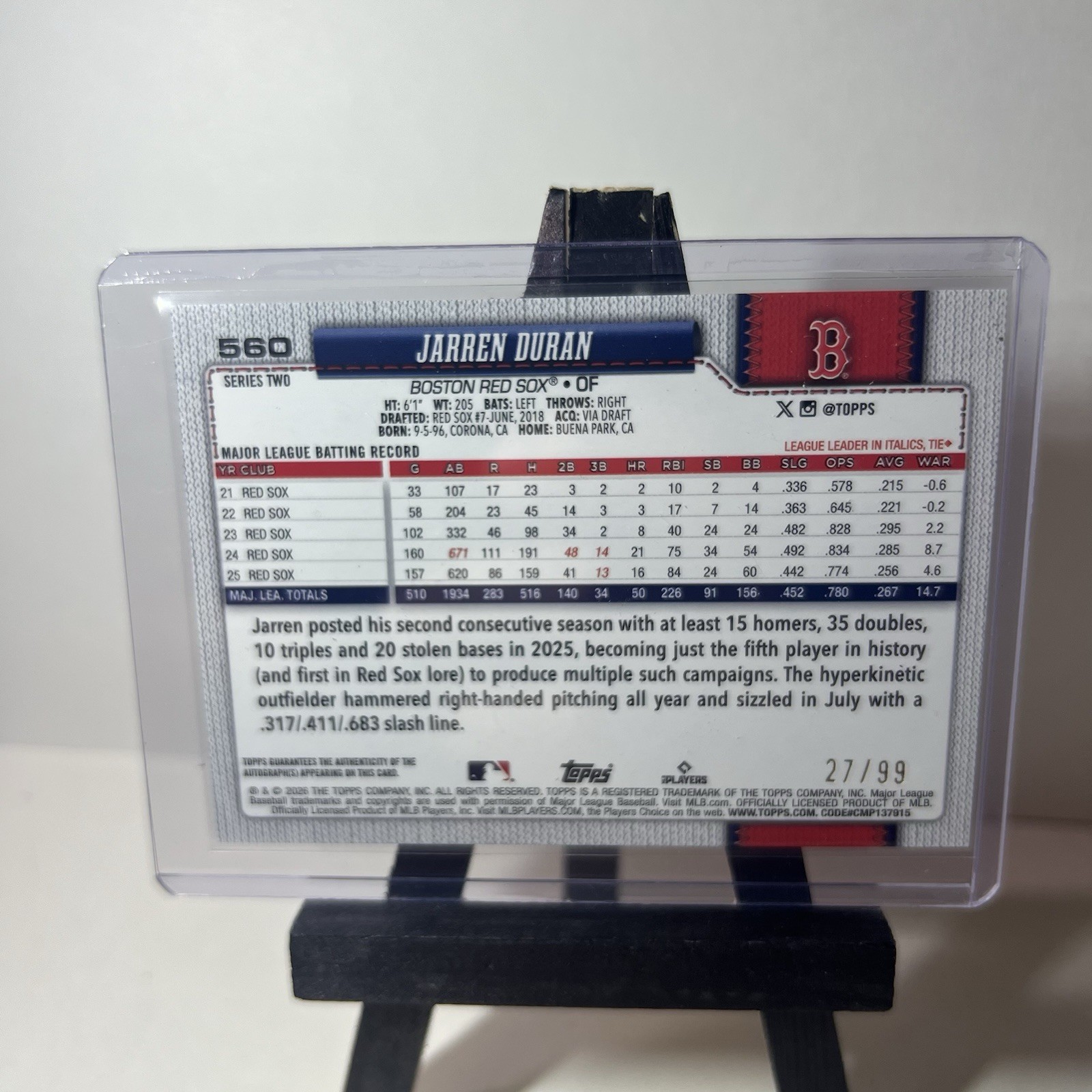 2026 Topps Series 2- Jarren Duran Autograph Green /99 Red Sox Color Match