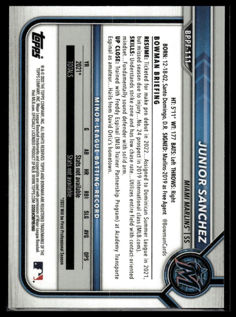 2022 Bowman 1st Edition #BPPF-111 Junior Sanchez