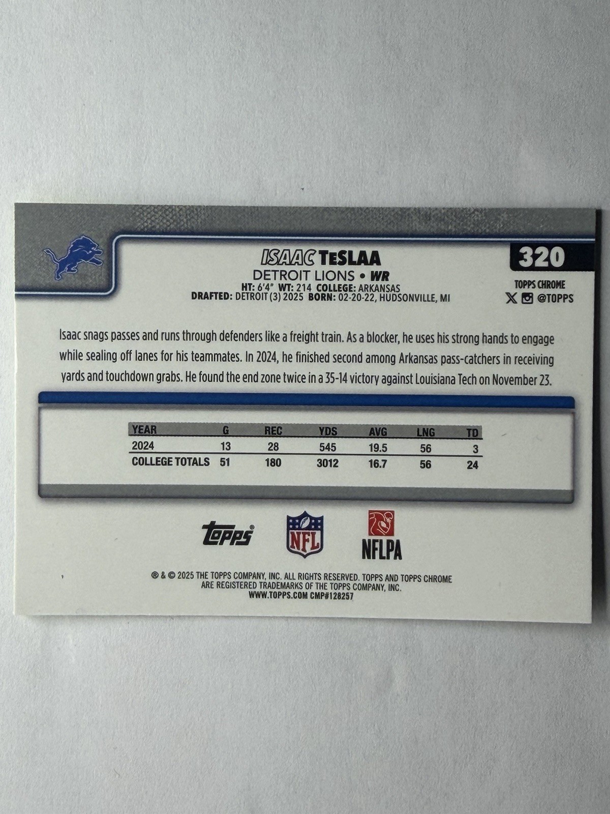 2025 Topps Chrome – Rookies Isaac TeSlaa #320 Lime Green X-Fractor (RC)