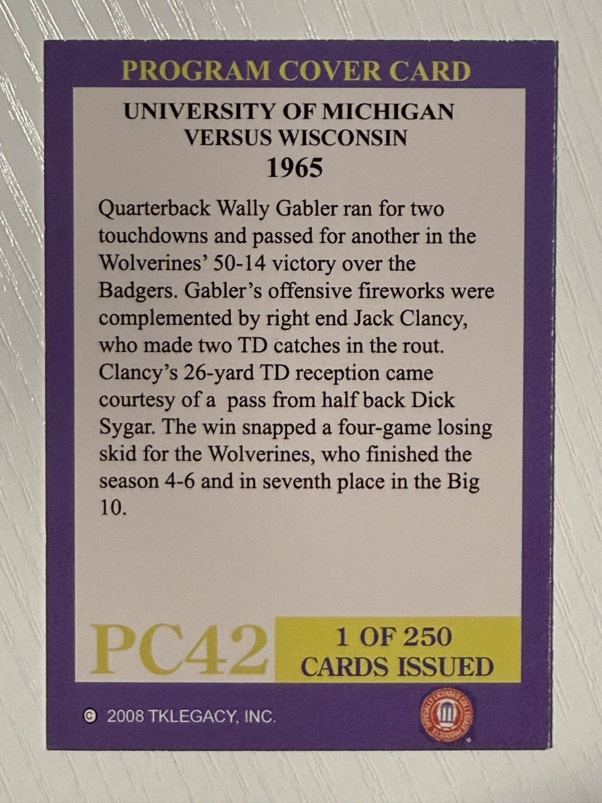 2008 Michigan TK Legacy Program Cover 1965 vs. Wisconsin #PC42 /250