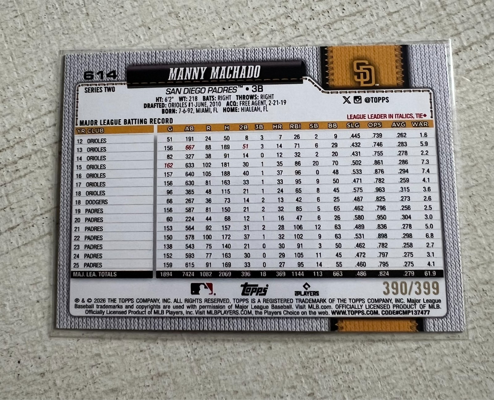 2026 Topps Series 2 Manny Machado Yellow Foil /399 #614 Pirates