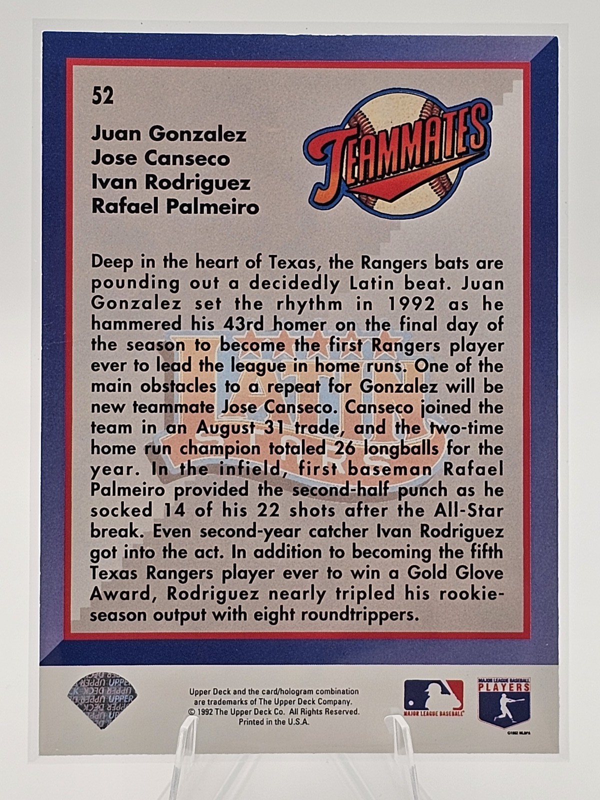 1993 Upper Deck #52 Latin Stars (Gonzalez /Canseco/Palmeiro/Rodriguez)