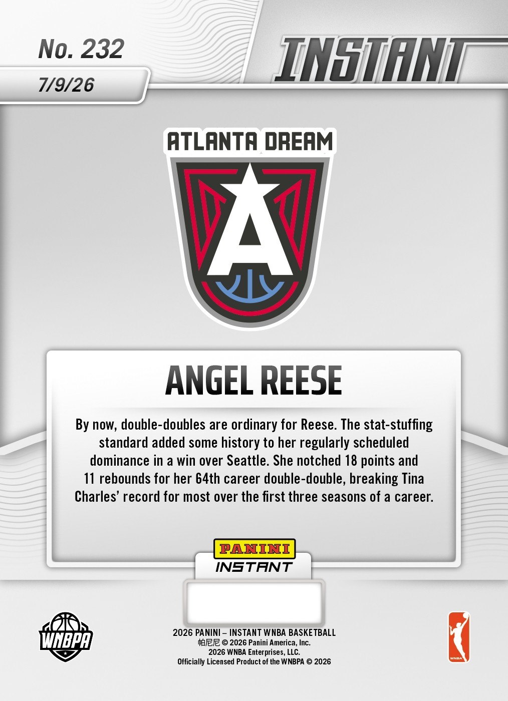 *PRESALE* 2026 Panini Instant WNBA Angel Reese #232 ~ Atlanta Dream