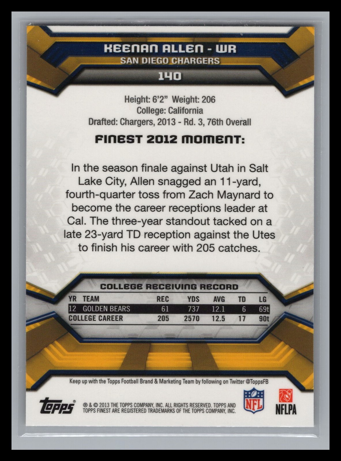 2013 Topps Finest #140 Keenan Allen Base Rookie Card RC San Diego Chargers