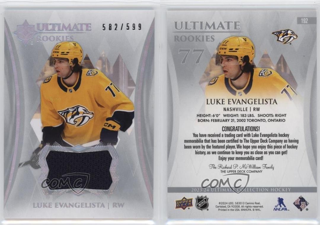 2023 Ultimate Collection Rookies Jersey 582/599 Luke Evangelista Rookie RC 1sr1