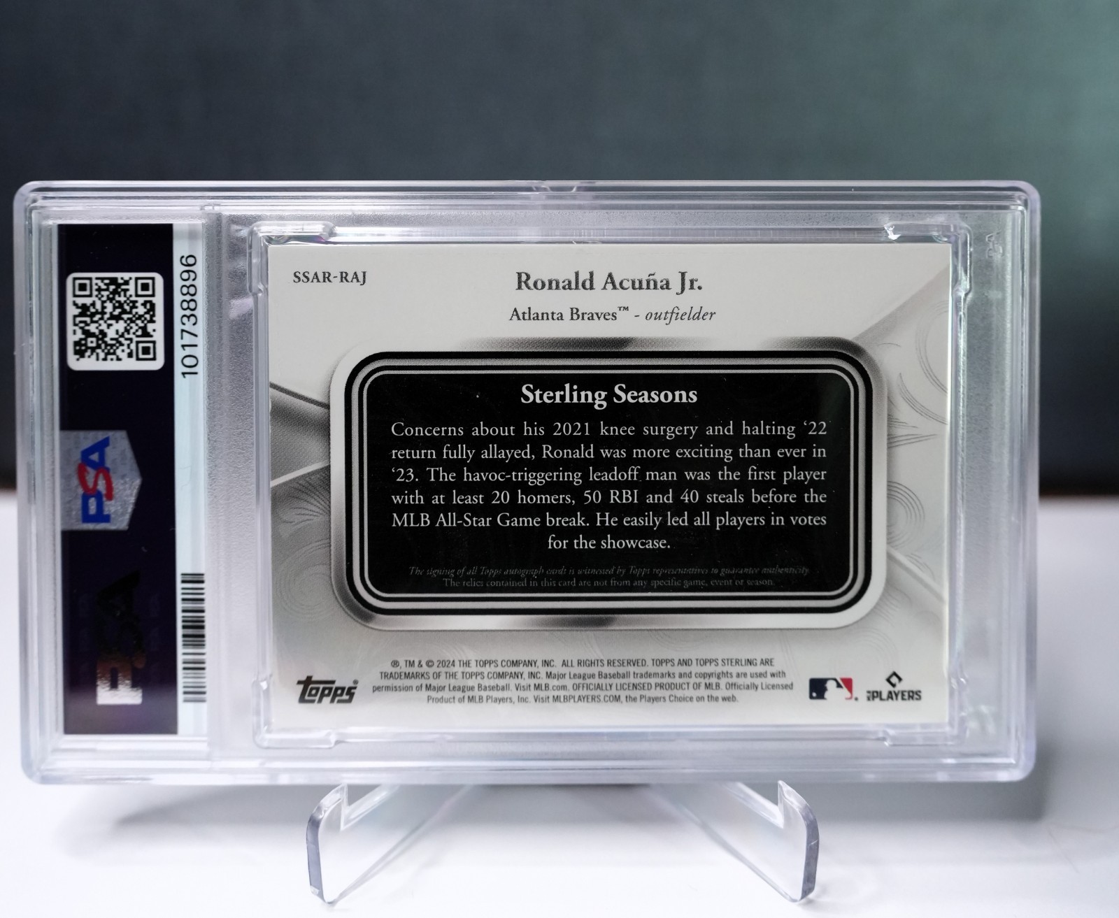 2024 Topps Sterling RONALD ACUNA JR SEASONS QUAD RELIC AUTO RED 5/5 PSA 8