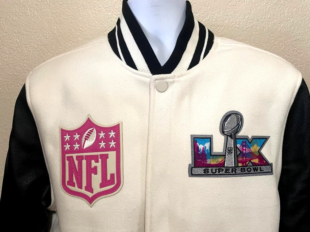 2026 NFL Super Bowl LX San Francisco Rib Wool Varsity Jacket Cream Size XL