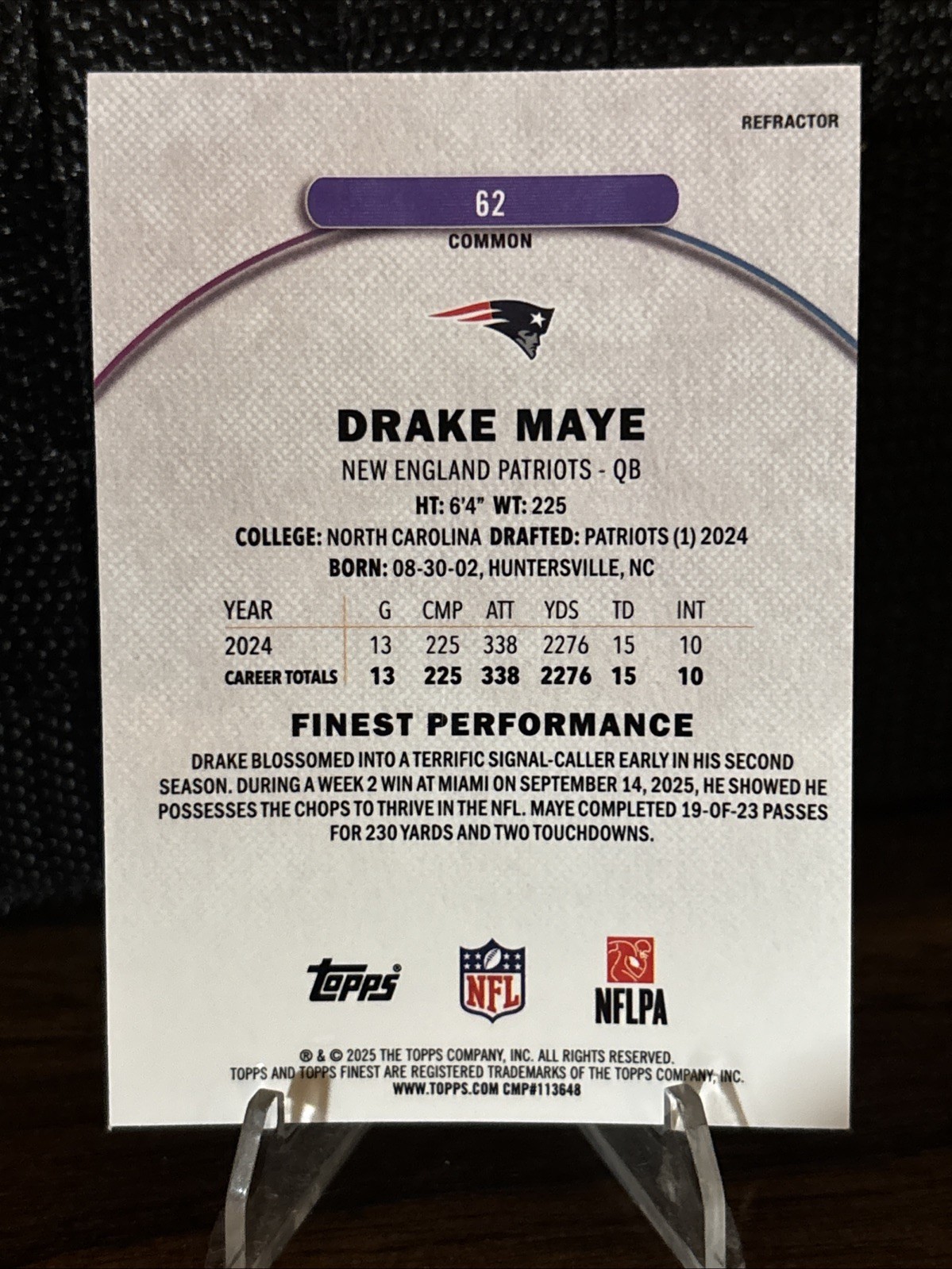 2025 Topps Finest Drake Maye Common Refractor #62 – New England Patriots