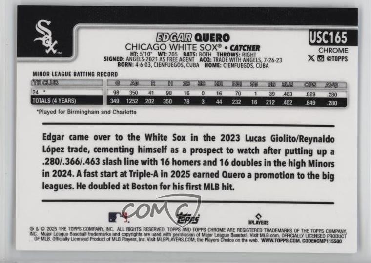 2025 Topps Chrome Update Prism Refractor Edgar Quero #USC165 Rookie RC 1sr5