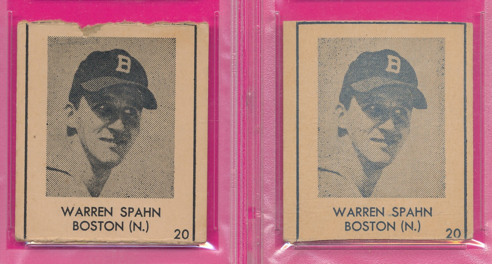 PSA LOT 2) w/RARE BLACK INK WARREN SPAHN ROOKIE R346 BLUE TINT 1948 #20 RC TPHLC