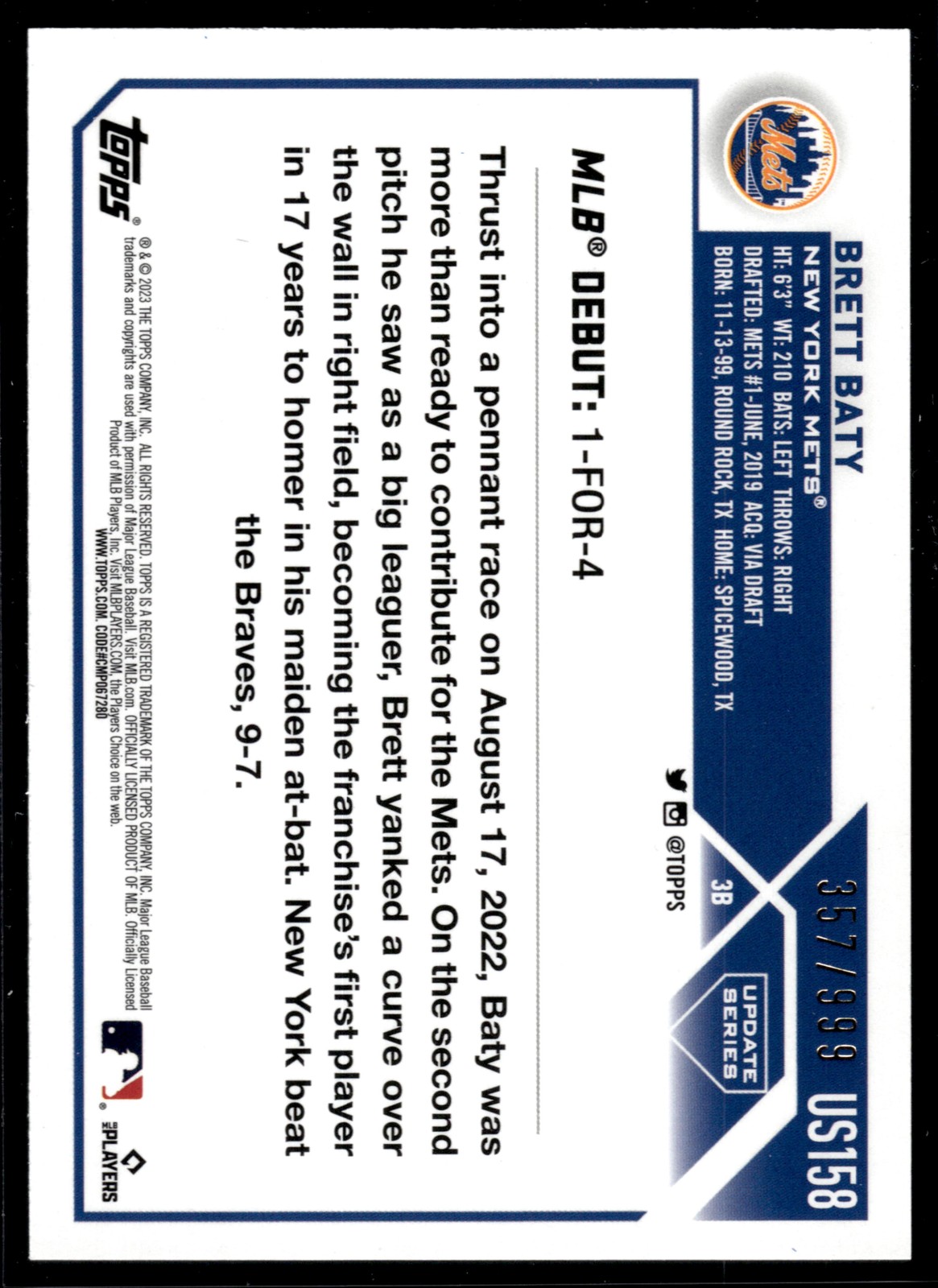 Brett Baty 2023 Topps Update Blue Foilboard Card /999 #US158