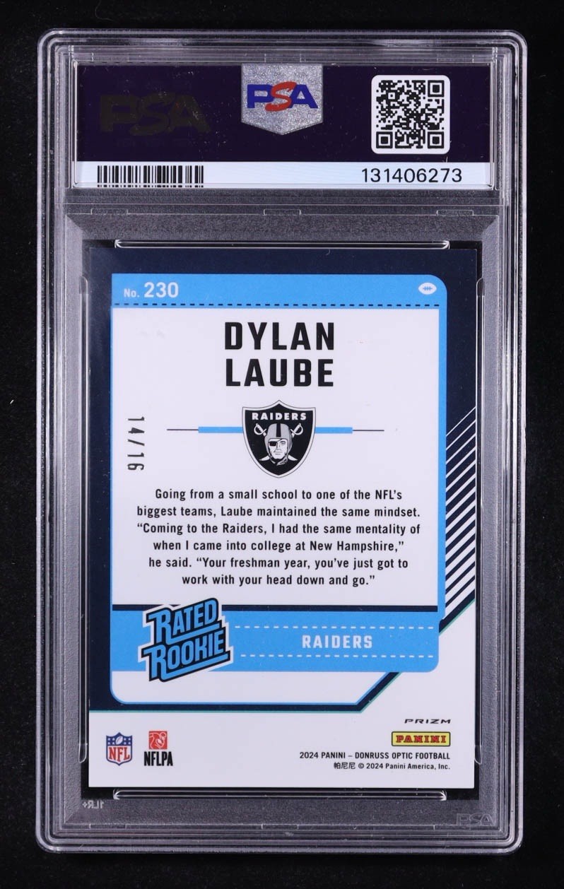 Dylan Laube 2024 Donruss Optic Rated Rookie Footballs SP #230 RC #14/16 (PSA 10)