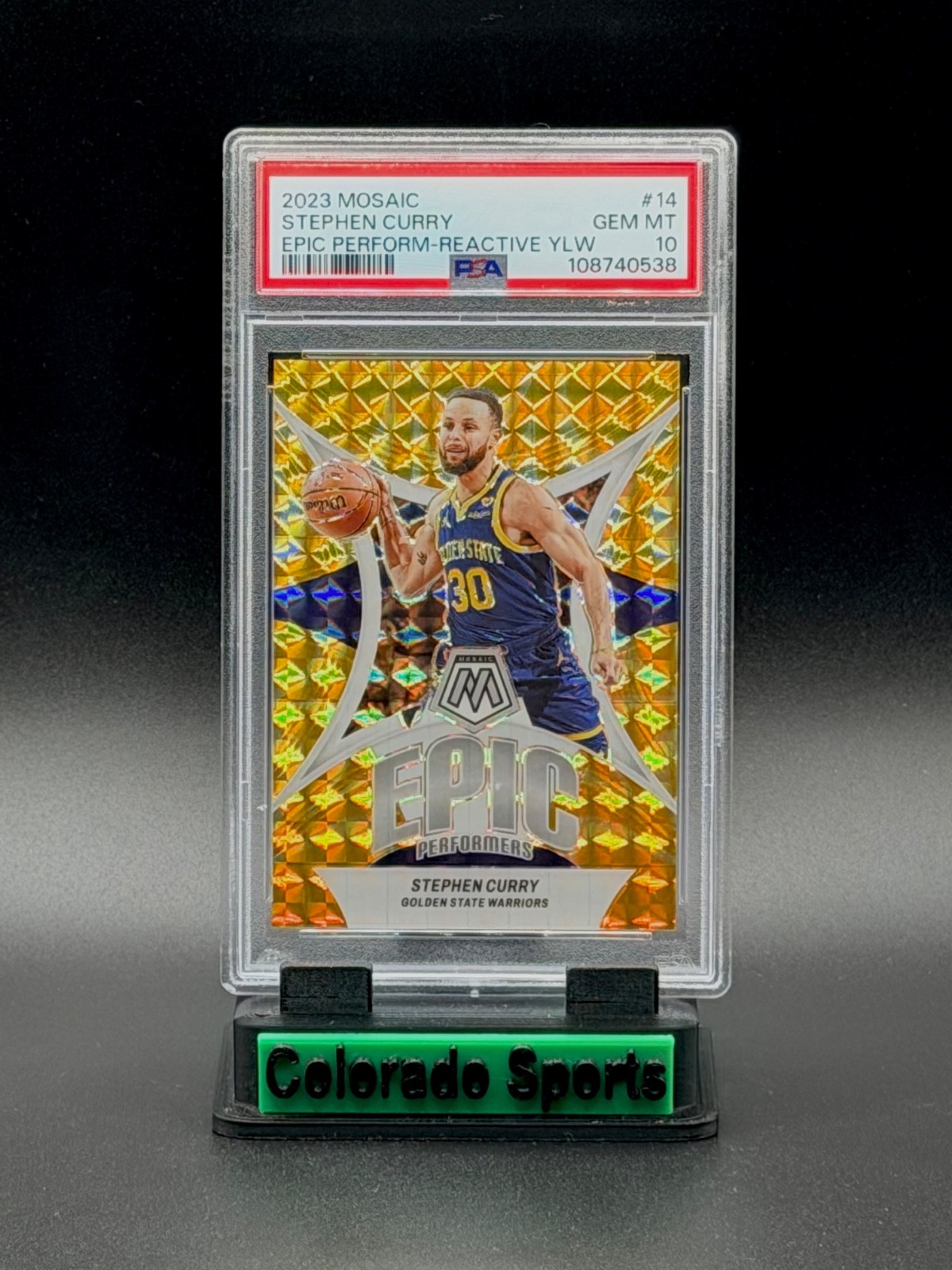 STEPHEN CURRY 2023-24 Mosaic Epic Performers Reactive Yellow Prizm 35/99 PSA 10