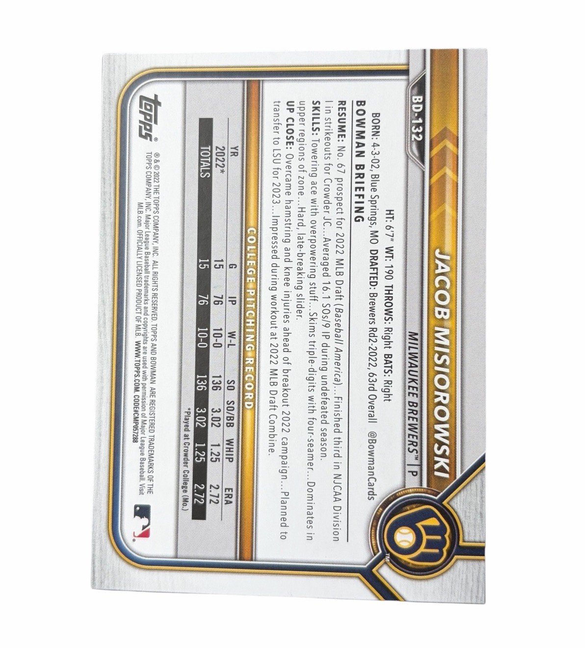 Jacob Misiorowski Signed Card 1st Bowman Paper Autographed Auto