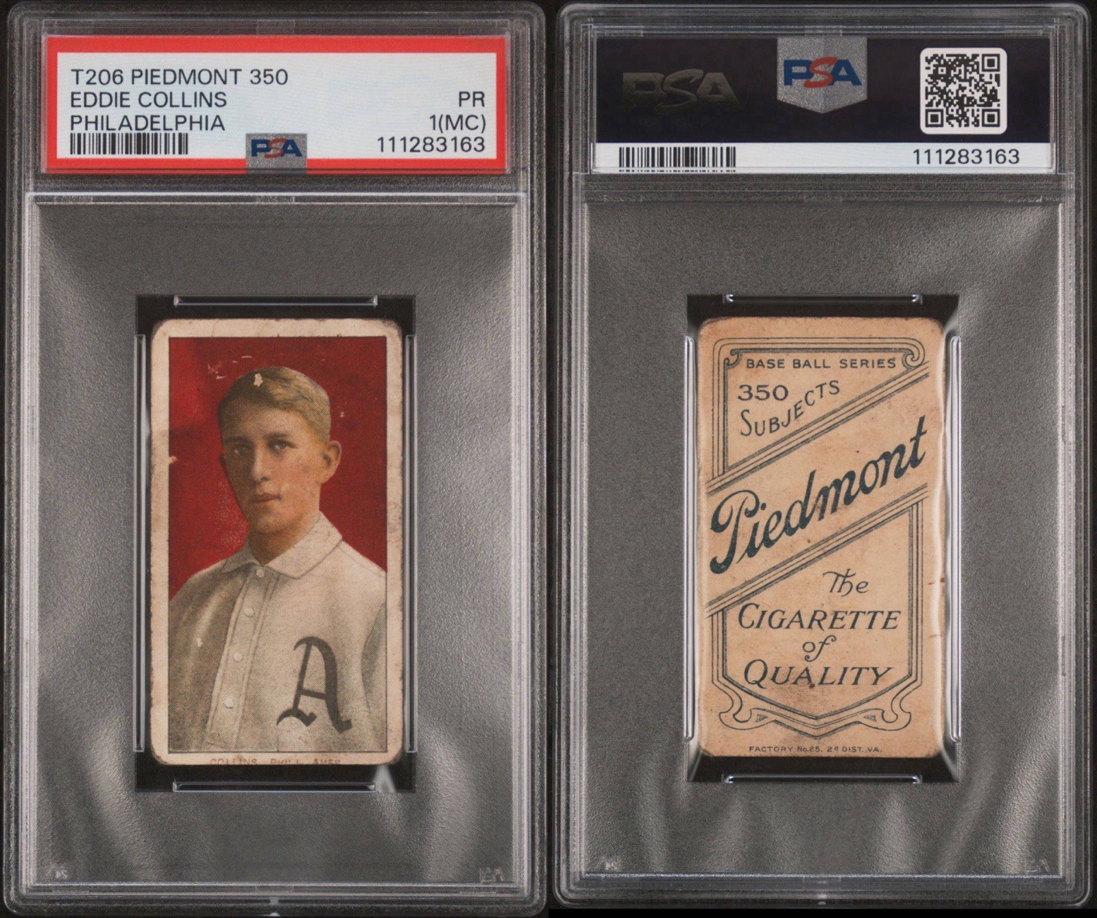 CENTERED – Eddie Collins T206 Piedmont 350 – PSA 1 (MC) – NEW GRADE – HOF