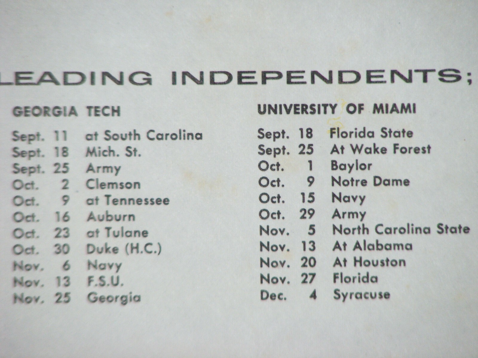 Vtg 1971 SEC Football Schedules Tray Liner Tennessee/Alabama/Florida/Georgia/KY