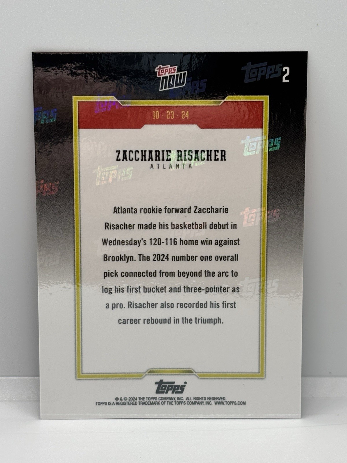 2024 Topps Now Zaccharie Risacher #2 RC Atlanta Hawks #1 Draft Pick Debut