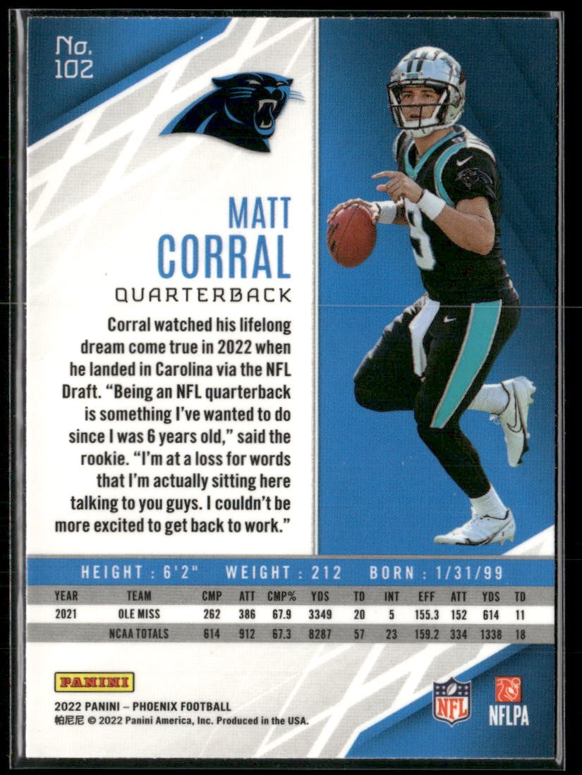 Matt Corral Rookie 2022 Panini Phoenix #102 Green Carolina Panthers