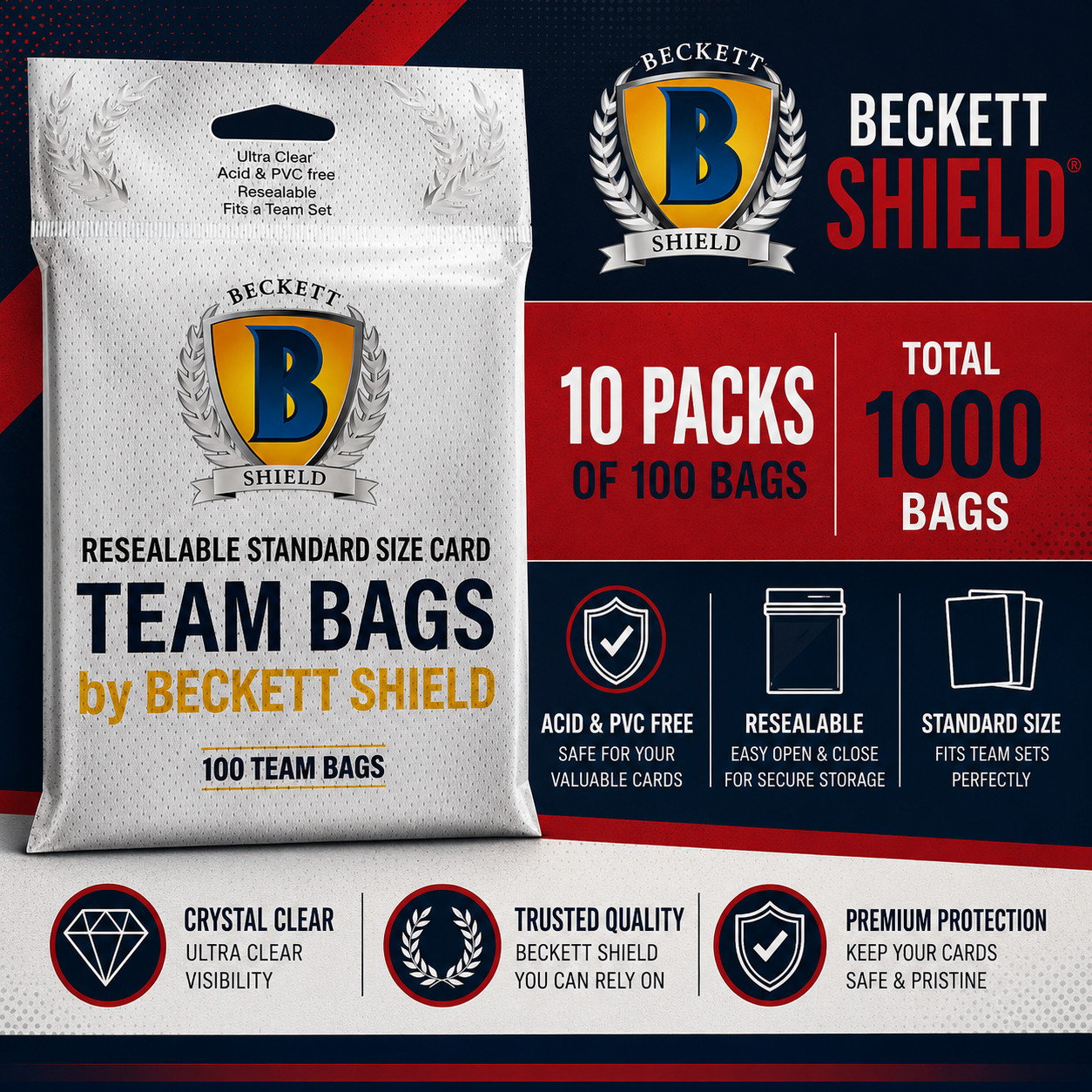 1000 PACK – Beckett Shield Team Bags Resealable Sleeves – 10 Packs of 100 Bags