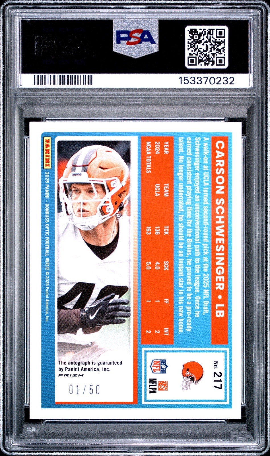 2025 DONRUSS OPTIC #217 CARSON SCHWESINGER PURPLE AUTO 1/50 ROOKIE RC PSA 10