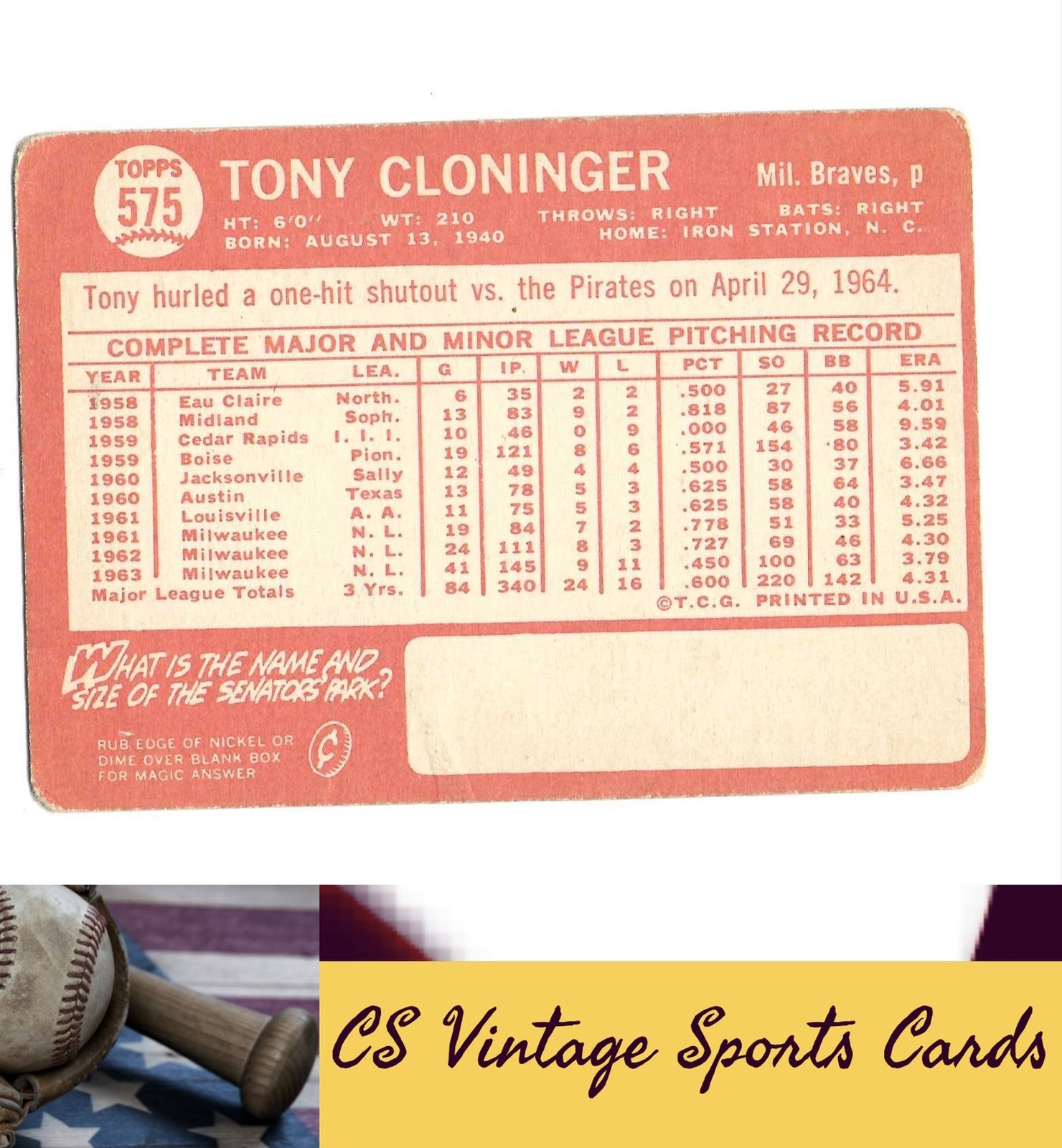 1964 Topps #575 Tony Cloninger
