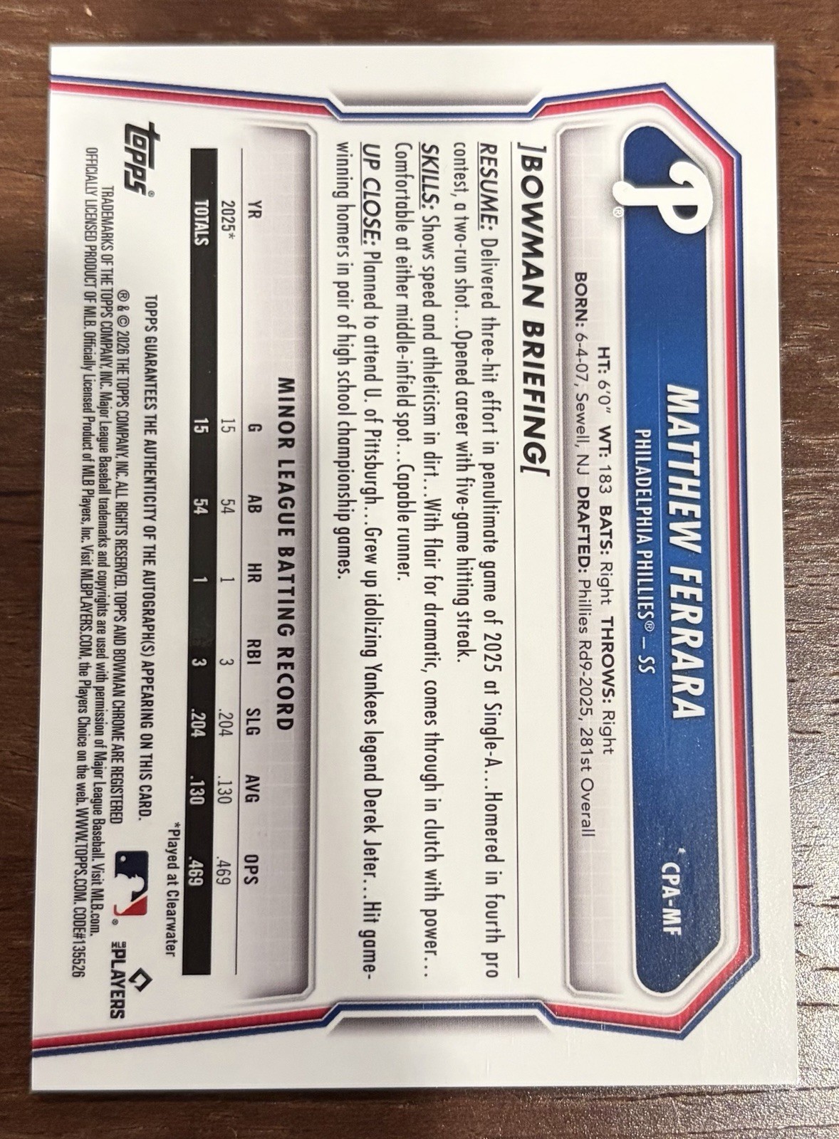 2026 Bowman Chrome #CPA-MF Matthew Ferrara 1st Autograph RC Phillies
