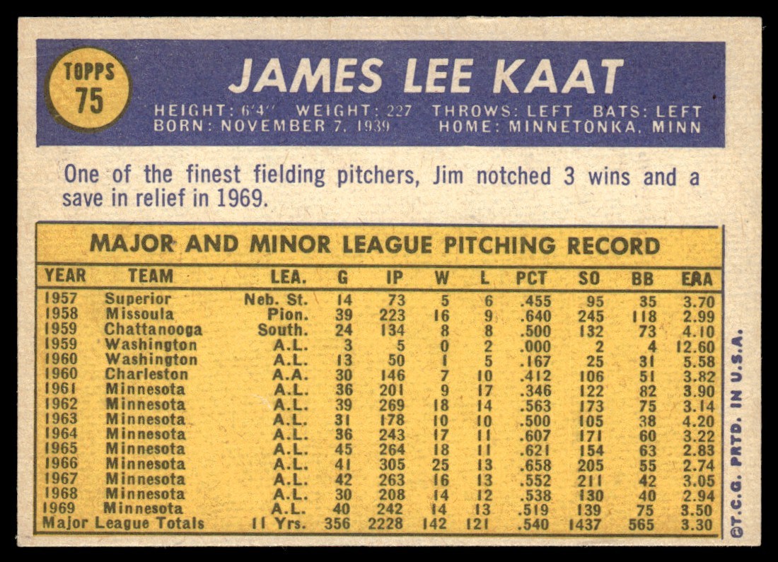 1970 Topps Baseball Card Jim Kaat Minnesota Twins #75 EX-MT