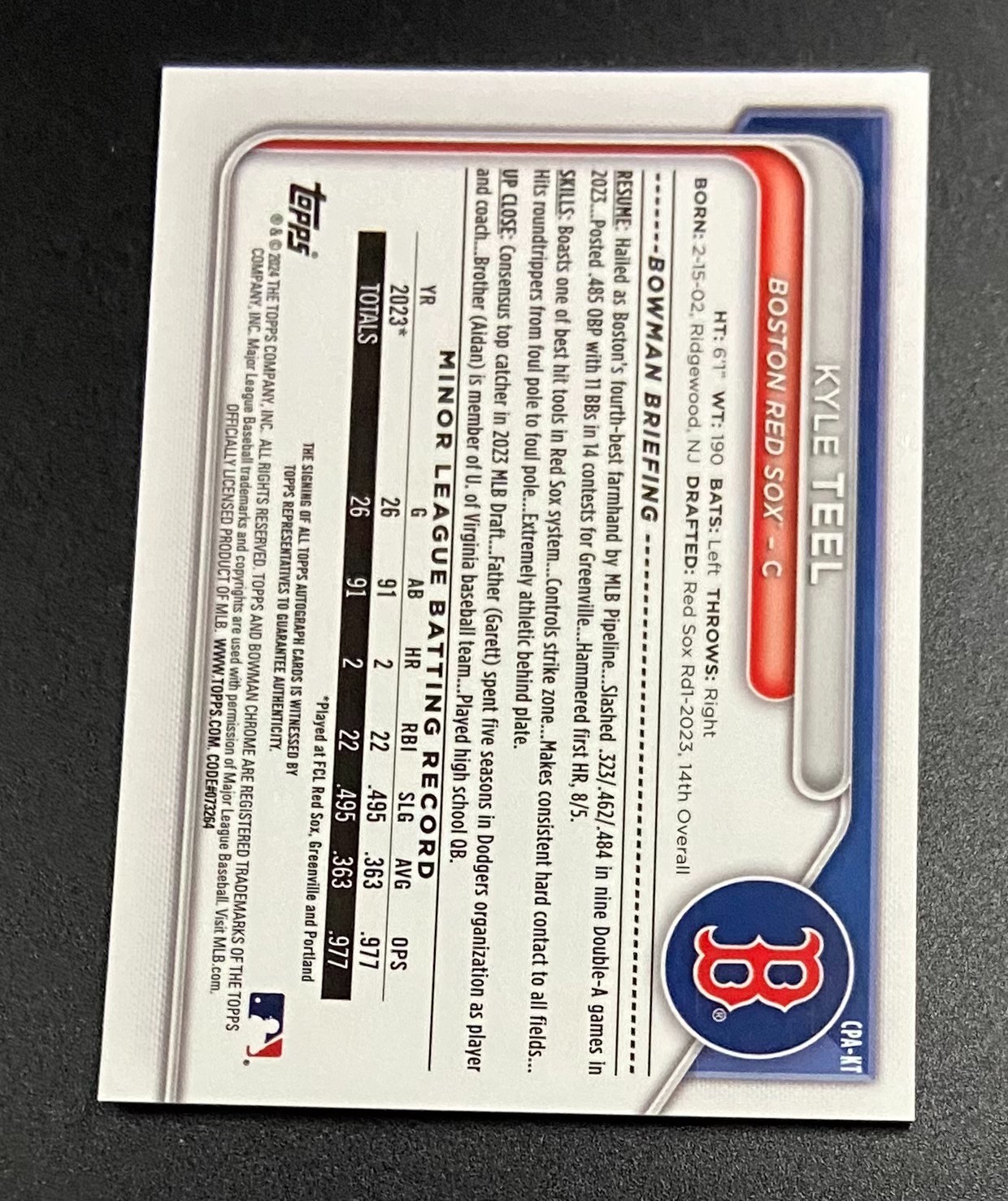 KYLE TEEL – 2024 Bowman Chrome 1ST BOWMAN BLUE LUNAR REFRACTOR AUTO #d 131/150