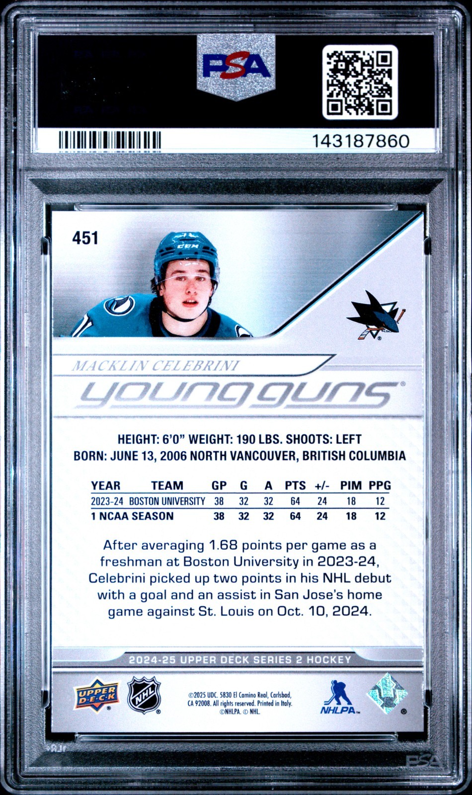 2024-25 UD MACKLIN CELEBRINI RC YOUNG GUNS GEM MINT PSA 10!!!