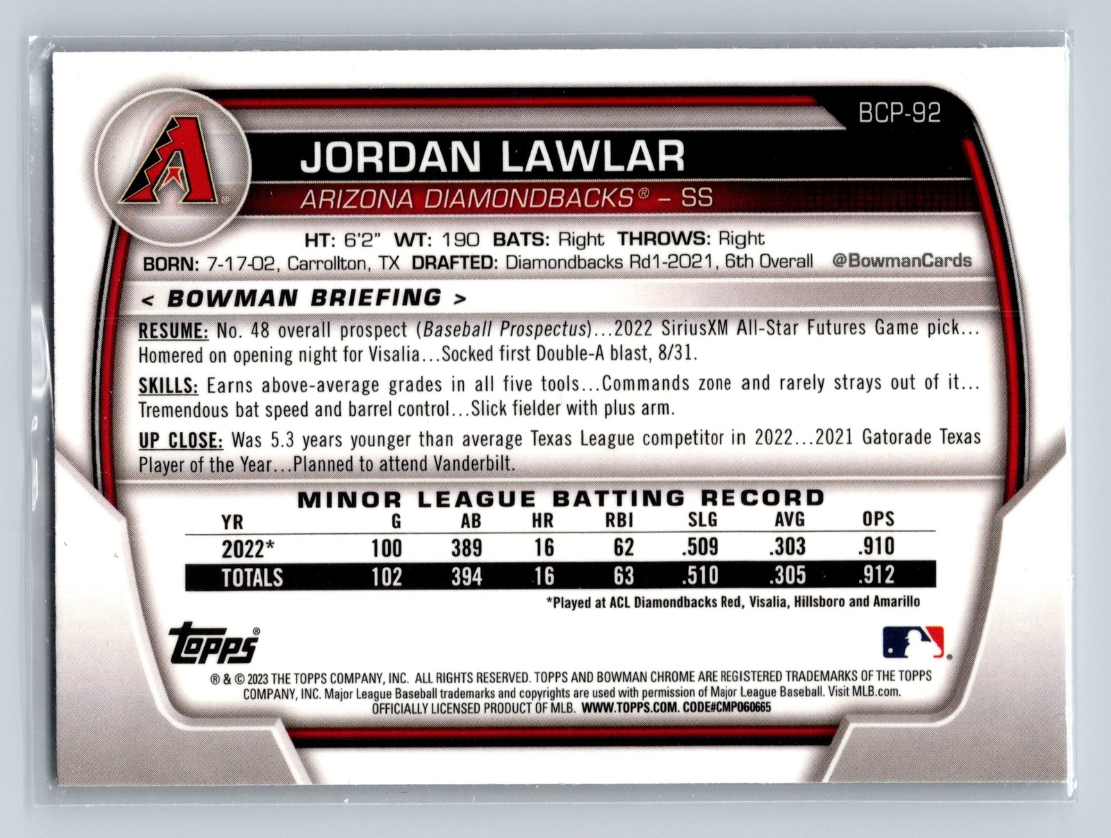 Jordan Lawlar 2023 Bowman #BCP-92